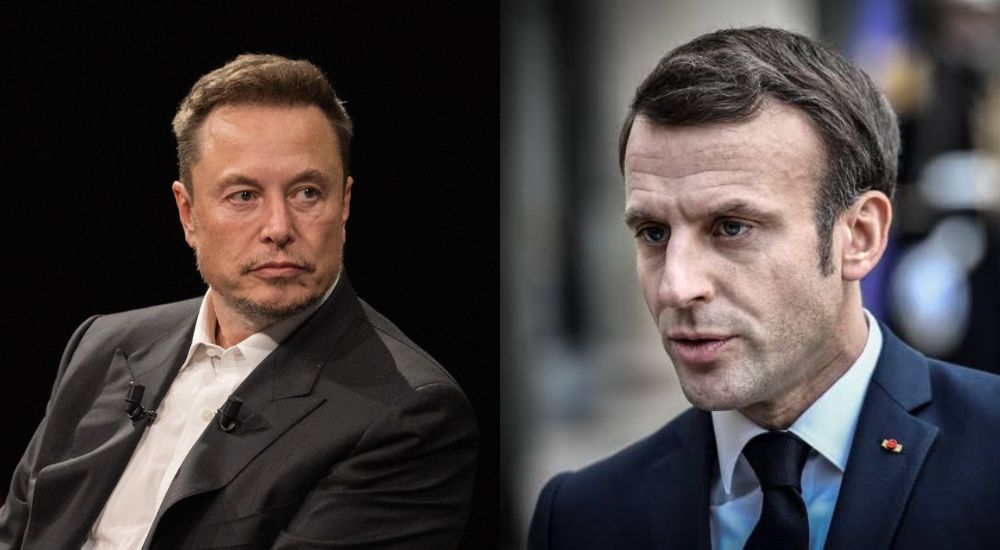 L R CEO of SpaceX and Tesla Elon Musk and French President Emmanuel Macron