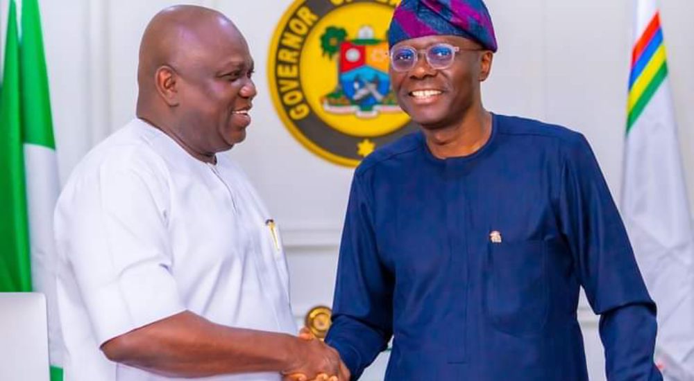 L R Former governor of Lagos State Akinwunmi Ambode and Governor Babajide Sanwo Olu during a courtesy visit by the former at Lagos House on Monday