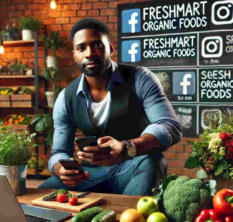 DALL·E 2024 09 15 22.29.34 Adewale Johnson the Founder of FreshMart Organic Foods sitting at his des