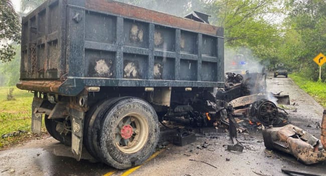 Handout picture releaseb by the Colombian Army showing the truck used in an attack attributed to ELN