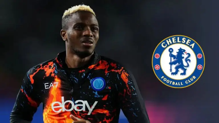 Victor Osimhen with a Chelsea logo.