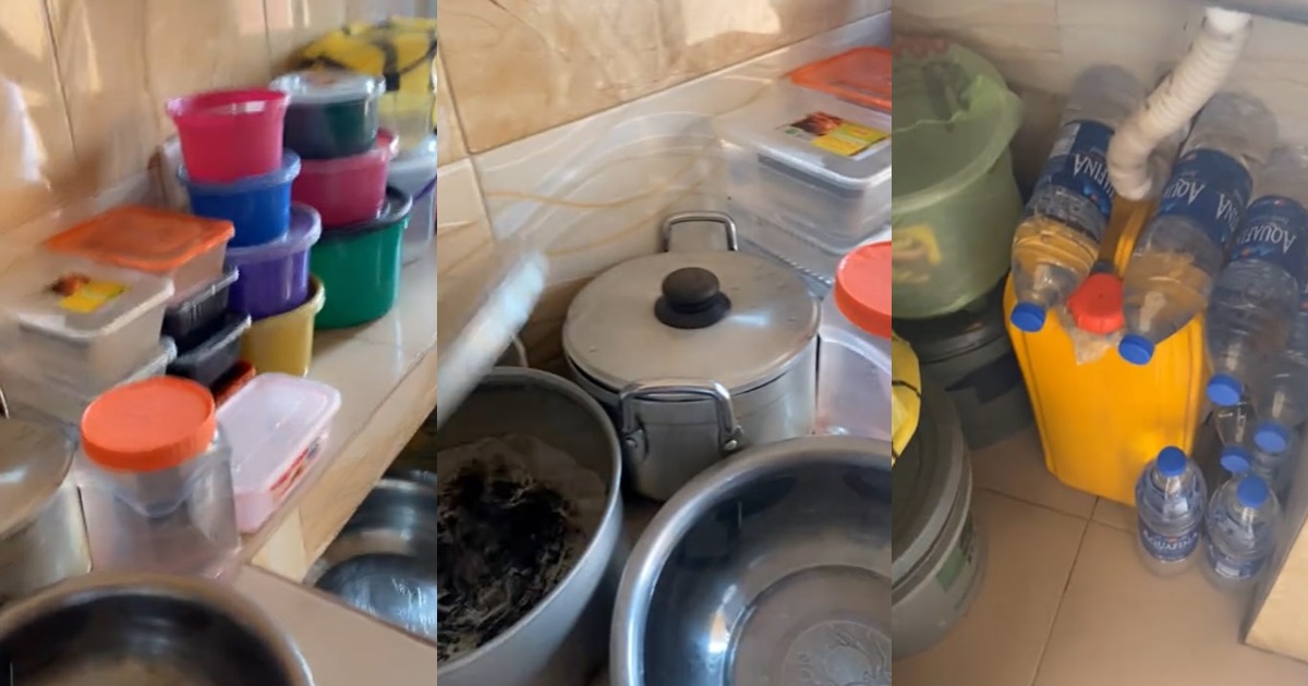 “Na only spoon wey this girl no fill up” – Female resident utilizes every container for water storage amidst 1-week black0ut (WATCH)