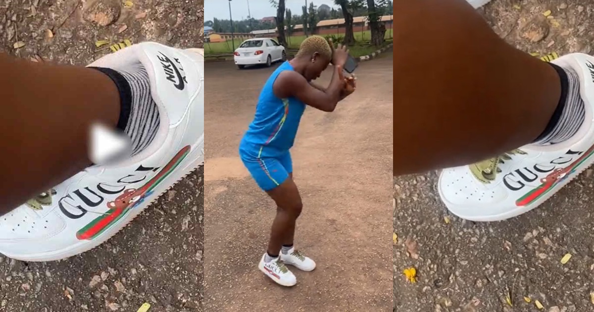 Lady shows off the ‘expensive’ Gucci-Nike sneakers from her Odogwu talking stage (WATCH)