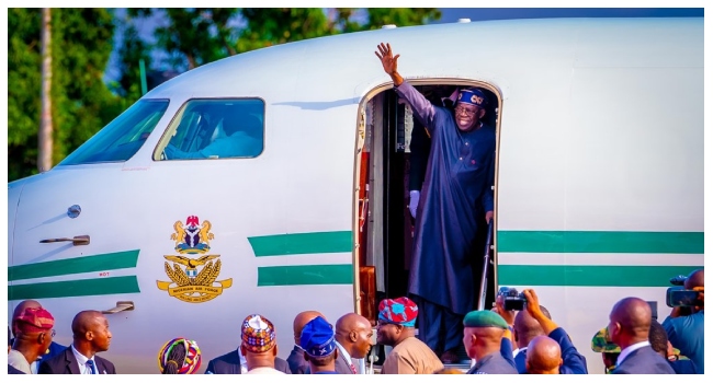 Tinubu arrives in Lagos