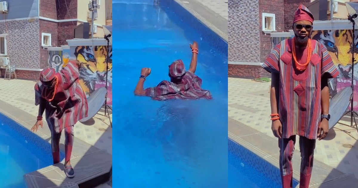 “Àgbada turn life jacket” – Hilarious moment man f@lls into the swimming pool during a photoshoot (WATCH)