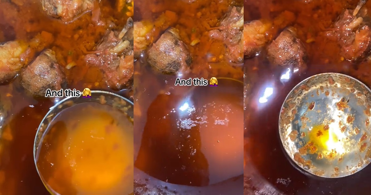 “I gave my husband a chance in the kitchen” – Woman skims excess oil from stew prepared by husband (WATCH)