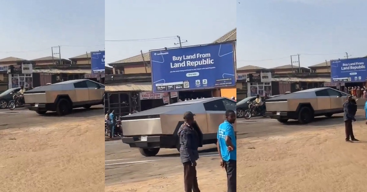 “E reach Naija the car nor fine again” – Nigerians react to viral video of a Tesla Cybertruck spotted in Ibadan (VIDEO)