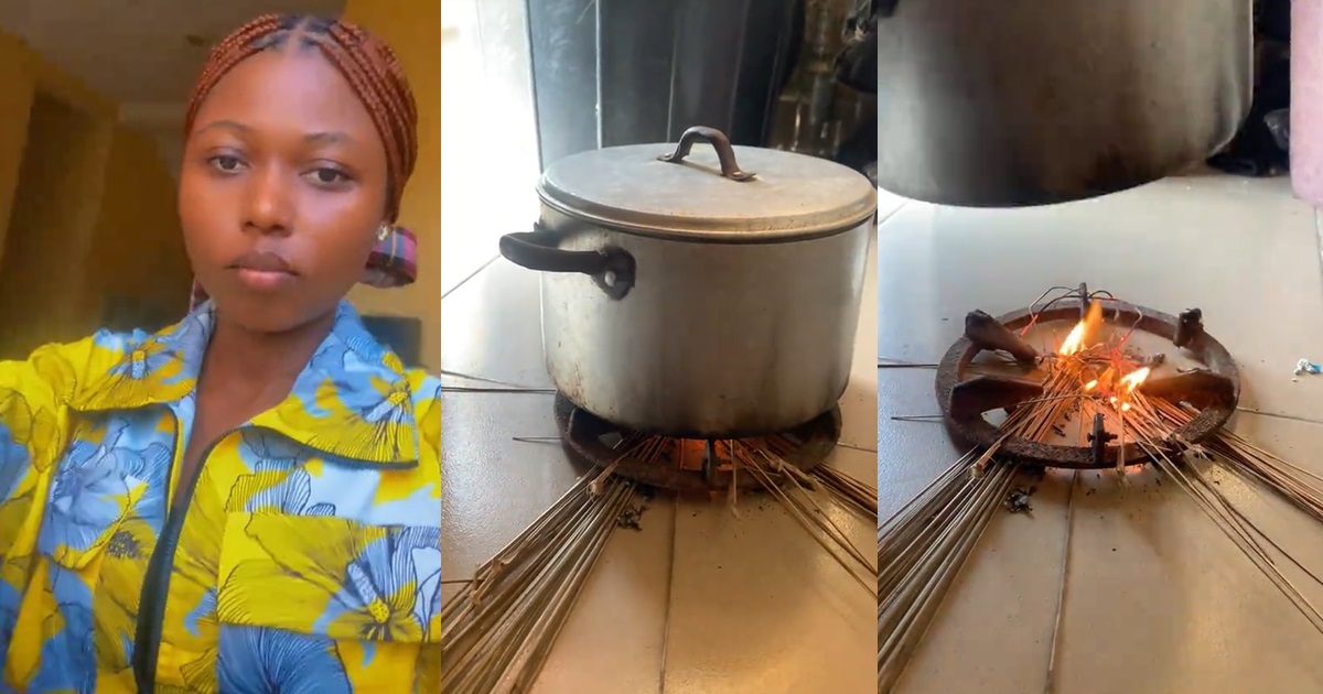 “when the food go done” – Nigerian lady cooks with broomsticks after running out of gas (WATCH)