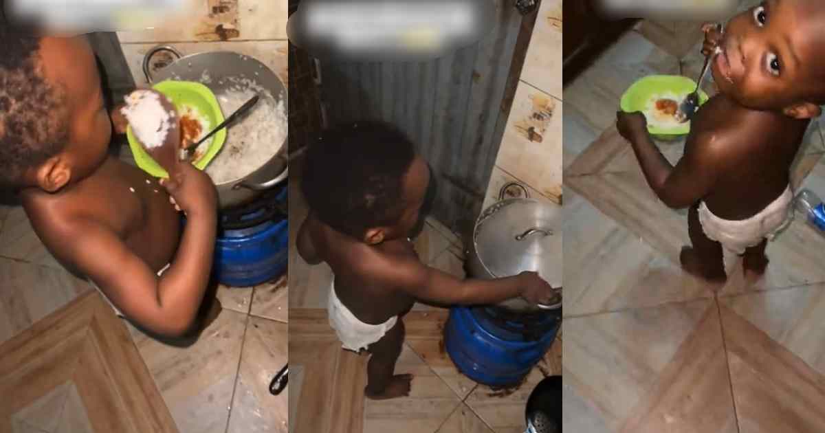 Nigerian mum’s jaw dr0ps as she discovers 2-year-old son dishing out his meal in the kitchen (VIDEO)