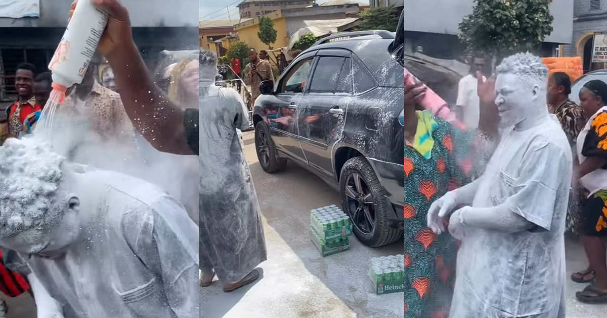 “Did he give birth to a car?” – Man buys a new car, gets showered with baby powder to celebrate (WATCH)