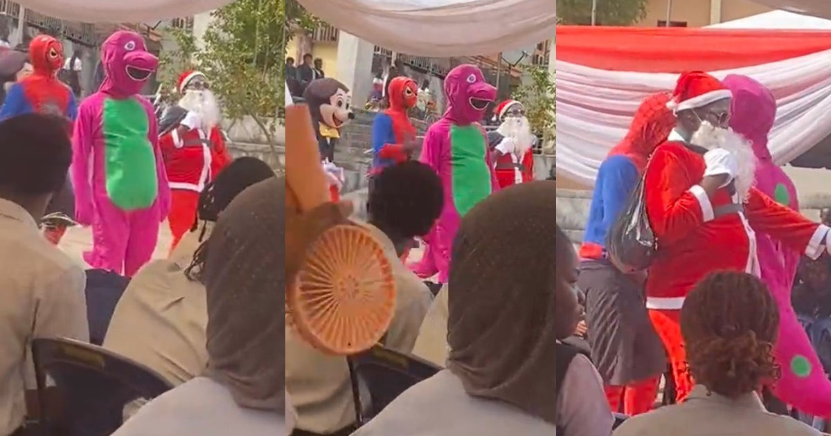 “Barney sef don l0se weight” – Online users react to unusual Barney costume at school party in Enugu (WATCH)