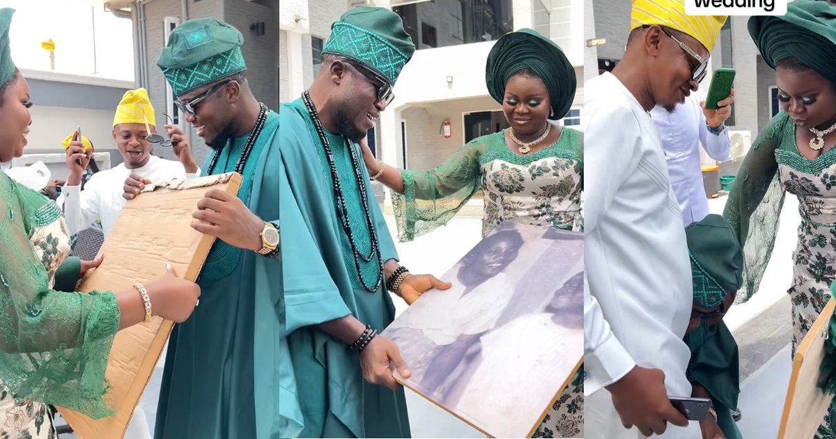 “This is insens!tive” – Online viewers react as bride gifts groom a frame of his latǝ mother on wedding day (WATCH)