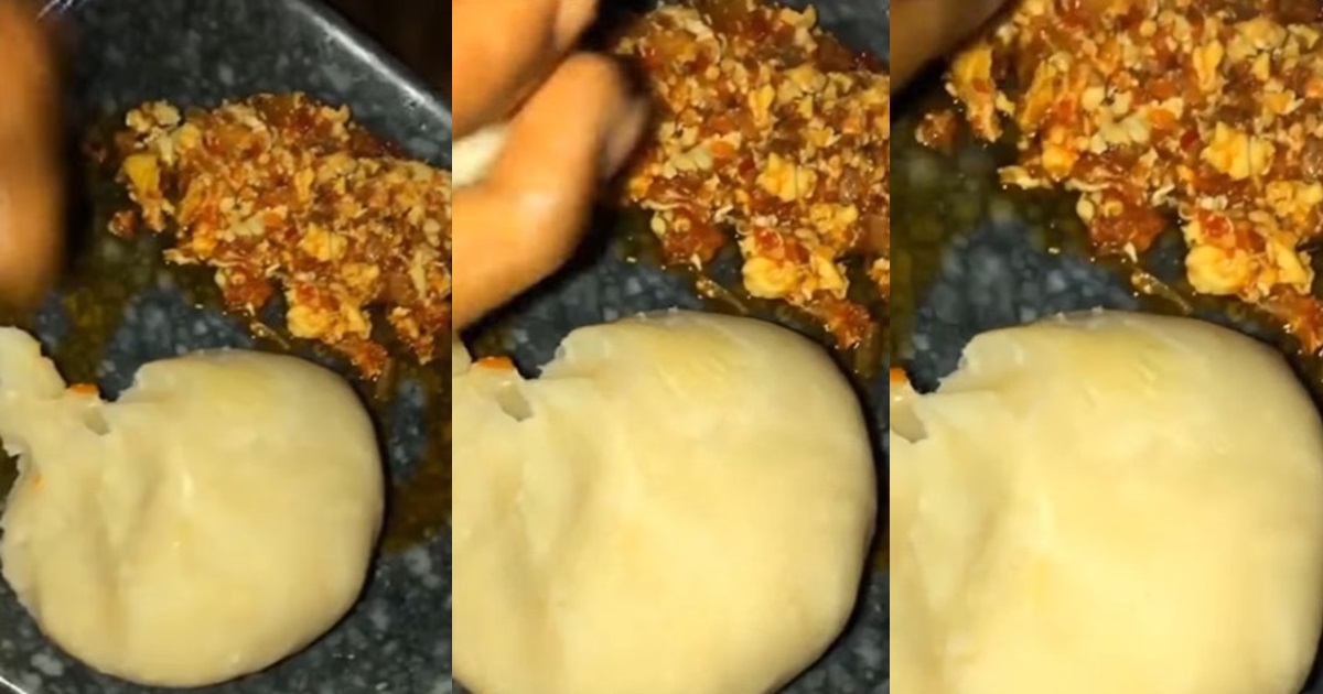 “I will try this combo” – Woman consumes egg sauce with swallow in absence of rice (WATCH)