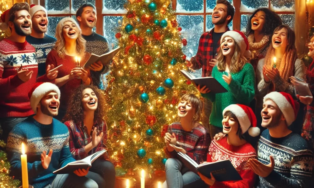 DALL·E 2024 12 25 07.30.18 A festive scene with a group of people joyfully singing Christmas songs a