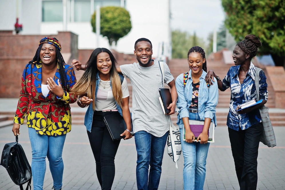 group five african college students spending time together campus university yard black afro friends