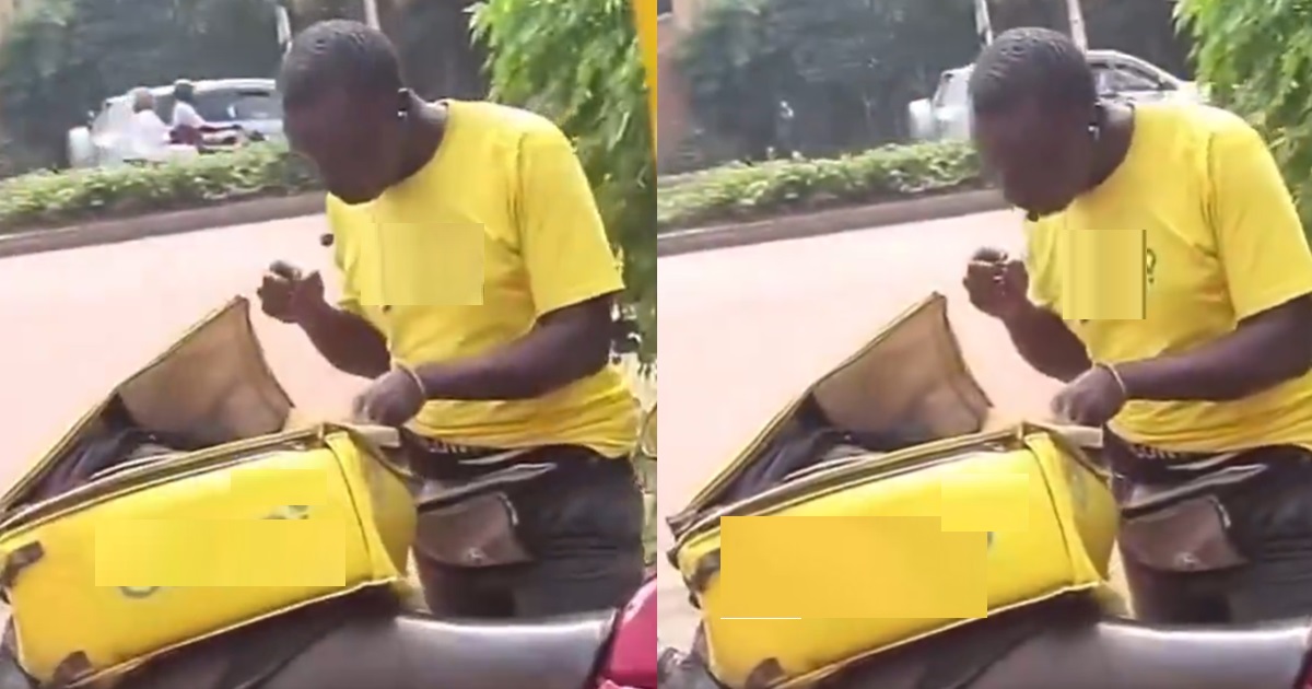 “Make men taste dis food nah” – Reactions as Dispatch rider was c@ught ‘redesigning’ delivery food (WATCH)