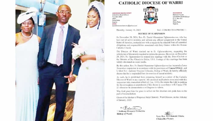 Catholic church suspends Delta priest over secret US wedding