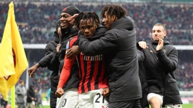 Teammates celebrate with Chukwueze