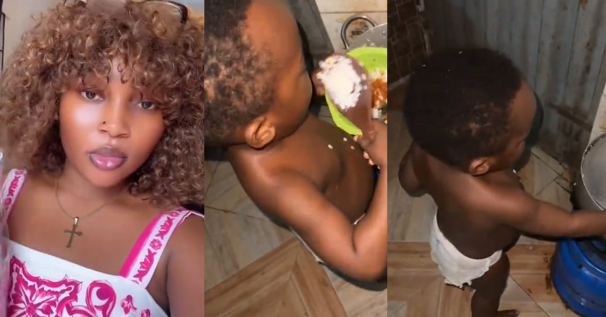 “This one na old man” – Moment Mother Catches Her Two-Year-Old Son Dishing Up Dinner By Himself (VIDEO)