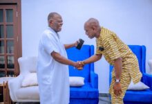 Oyebanji ein a handshake with Chief Bisi Akande during his recent visit to the ex Osun gov