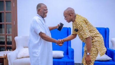 Oyebanji ein a handshake with Chief Bisi Akande during his recent visit to the ex Osun gov