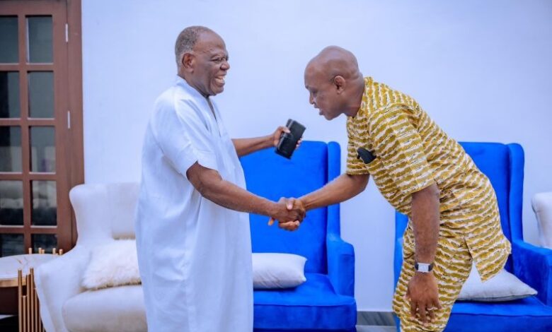 Oyebanji ein a handshake with Chief Bisi Akande during his recent visit to the ex Osun gov