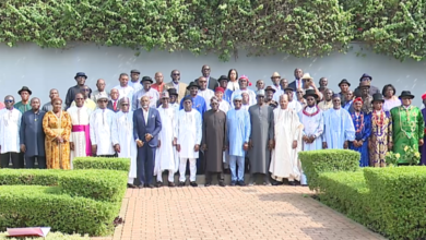 President Bola Tinubu shortly after a meeting with leaders of the Ogoni people at Aso Villa as part