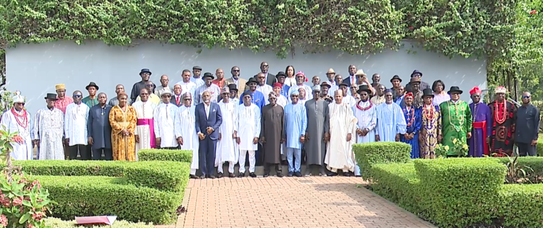 President Bola Tinubu shortly after a meeting with leaders of the Ogoni people at Aso Villa as part