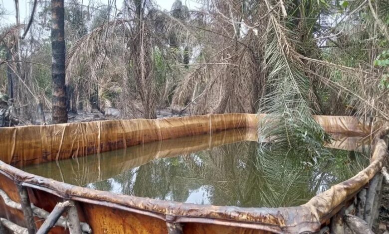 A dumpsite filled with stolen crude oil recovered by troops of 6 Division Nigeria Army Port Harcourt