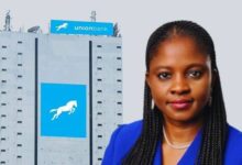 A photo of Union Bank HQs building and its MD Yetunde Oni